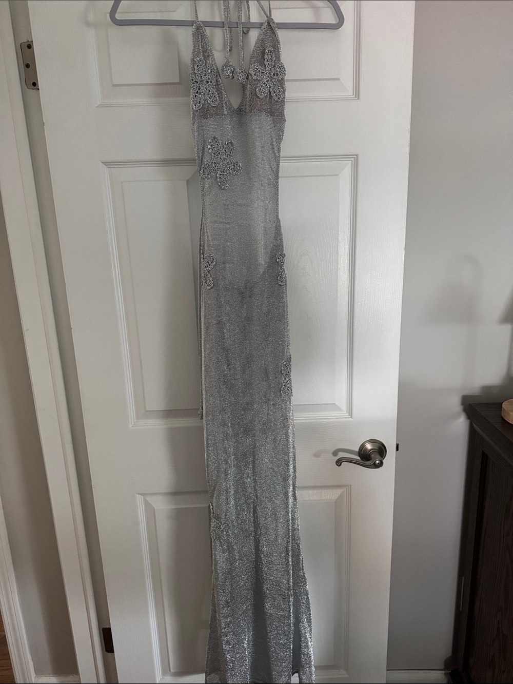 Silver Lace-Accent Maxi Dress - Elegant Evening Gown